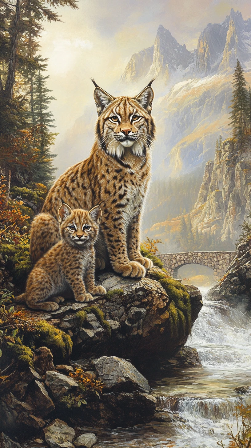 Mãe lince e filhotes se reúnem à beira de um riacho ensolarado na floresta alpina