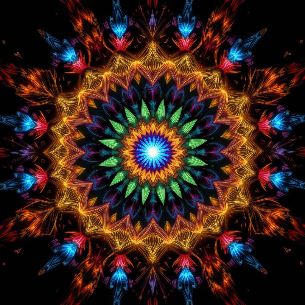 Un mandala éclatant déploie des couleurs géométriques sur un fond noir profond