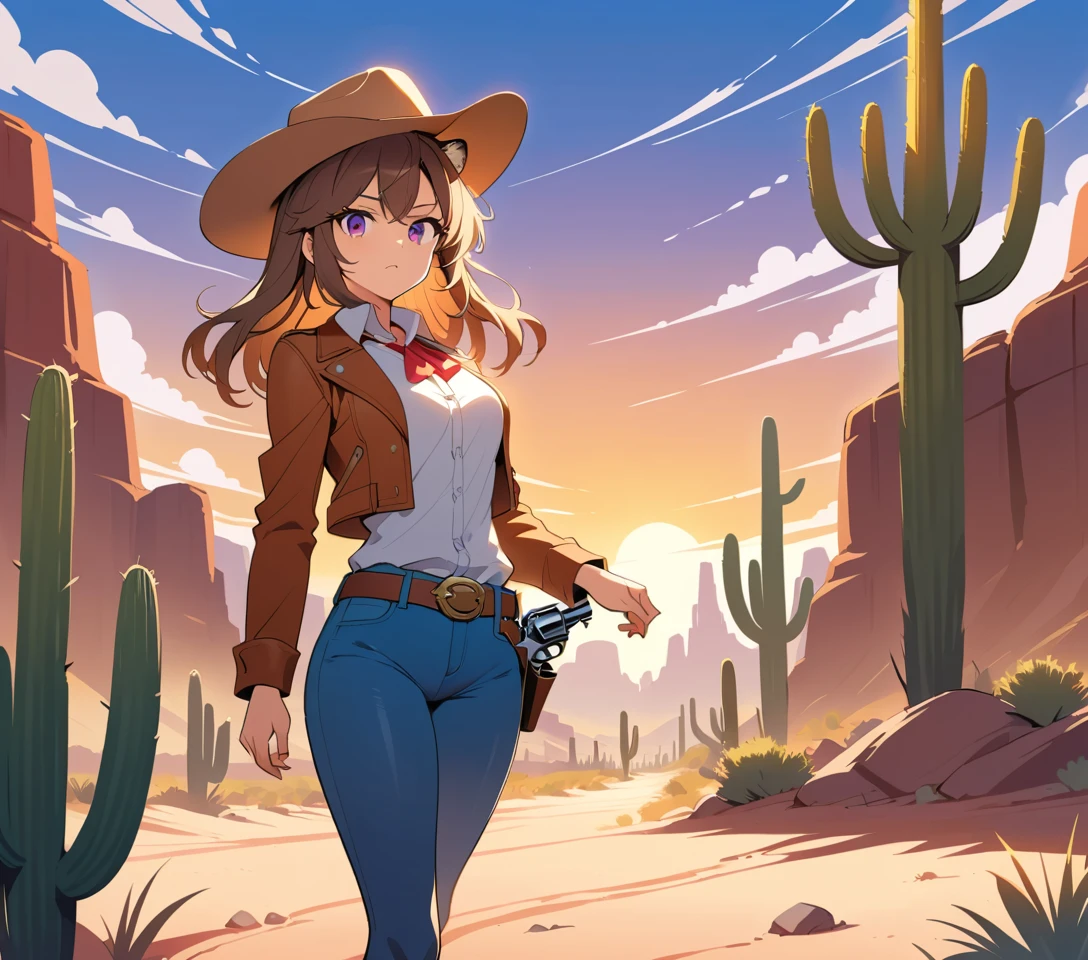 Anime tiger girl in cowboy attire stands in a desert canyon