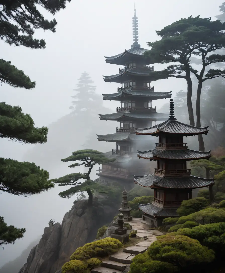 Eine mehrstöckige Pagode taucht im Nebel über einem stillen Hügel auf
