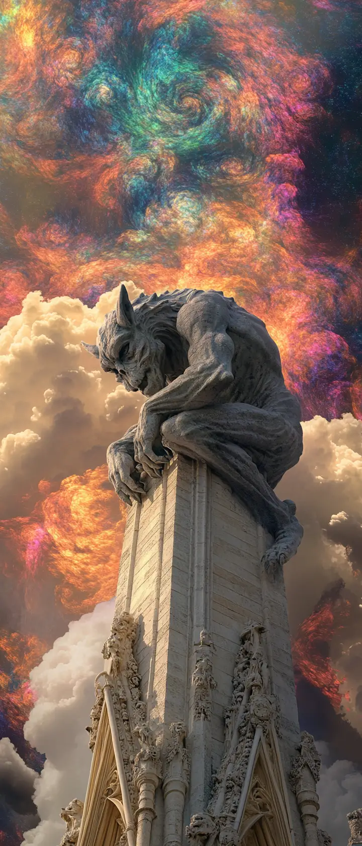 Un'antica gargolla è accovacciata sopra una cattedrale gotica in un cielo psichedelico