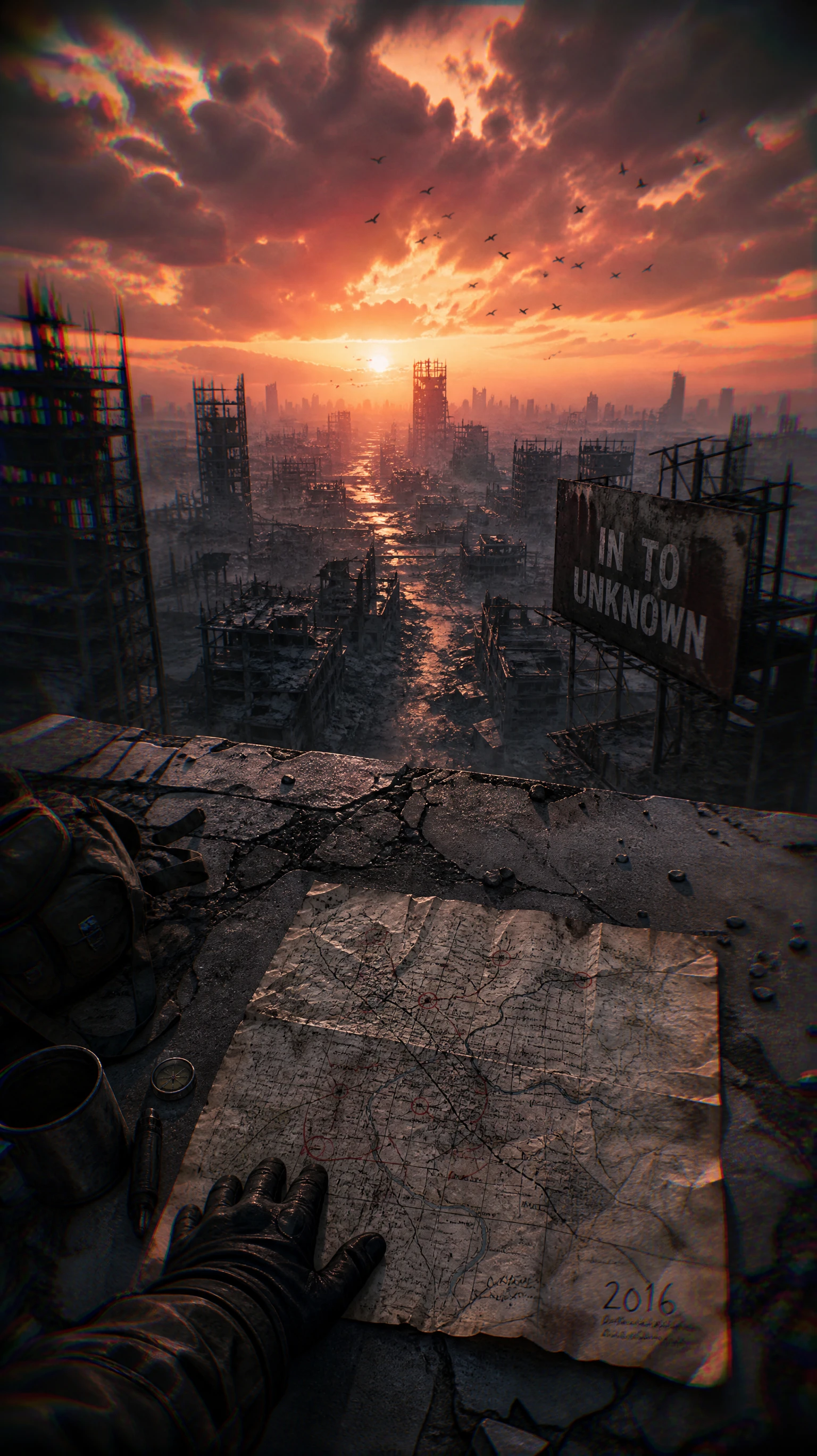 A rooftop view across a ruined city at dusk