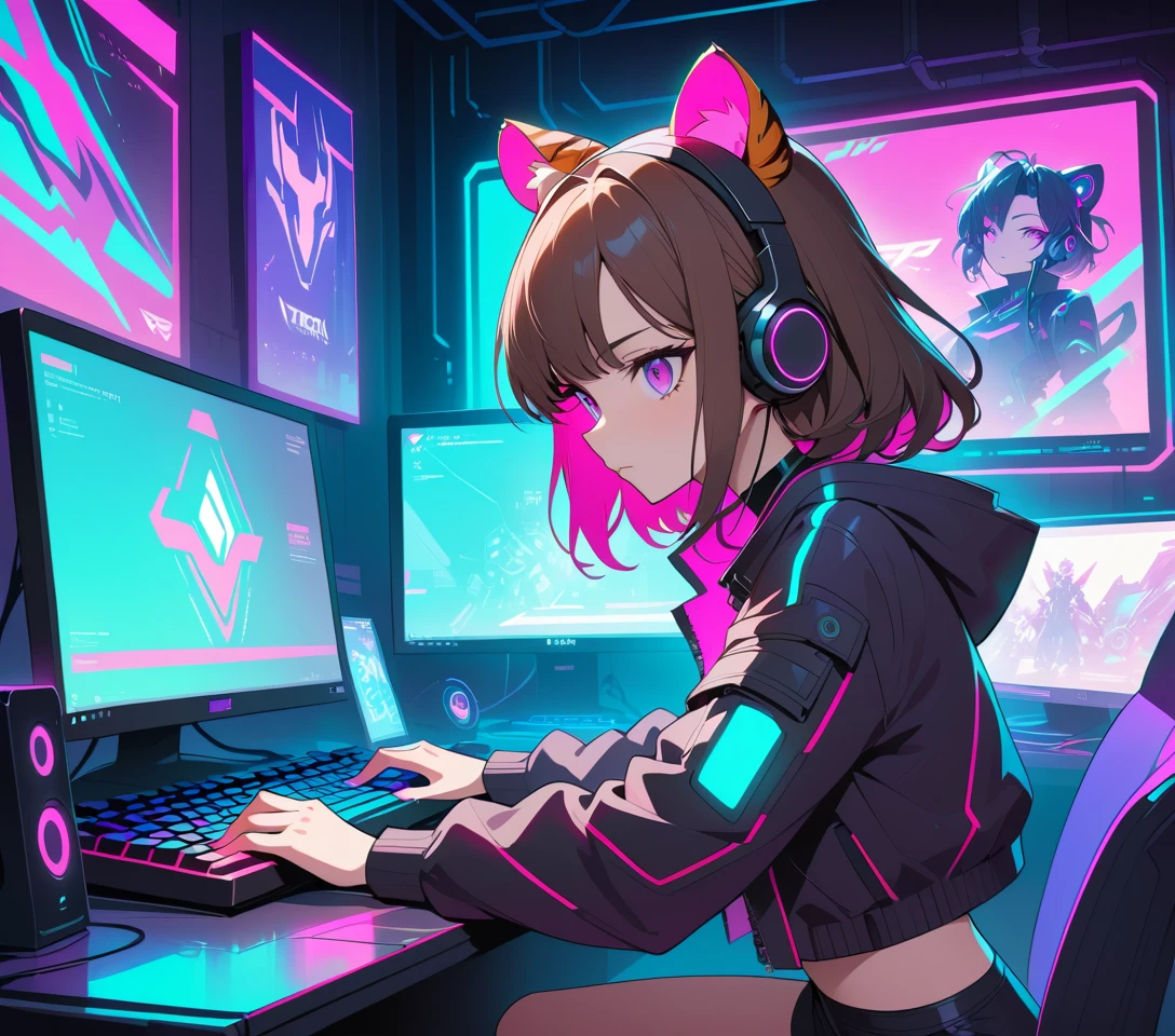 Gamer de anime com orelhas de tigre digitando em uma mesa iluminada por neon