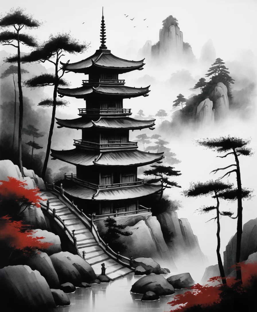 A wooden pagoda rises through mist above a quiet hillside