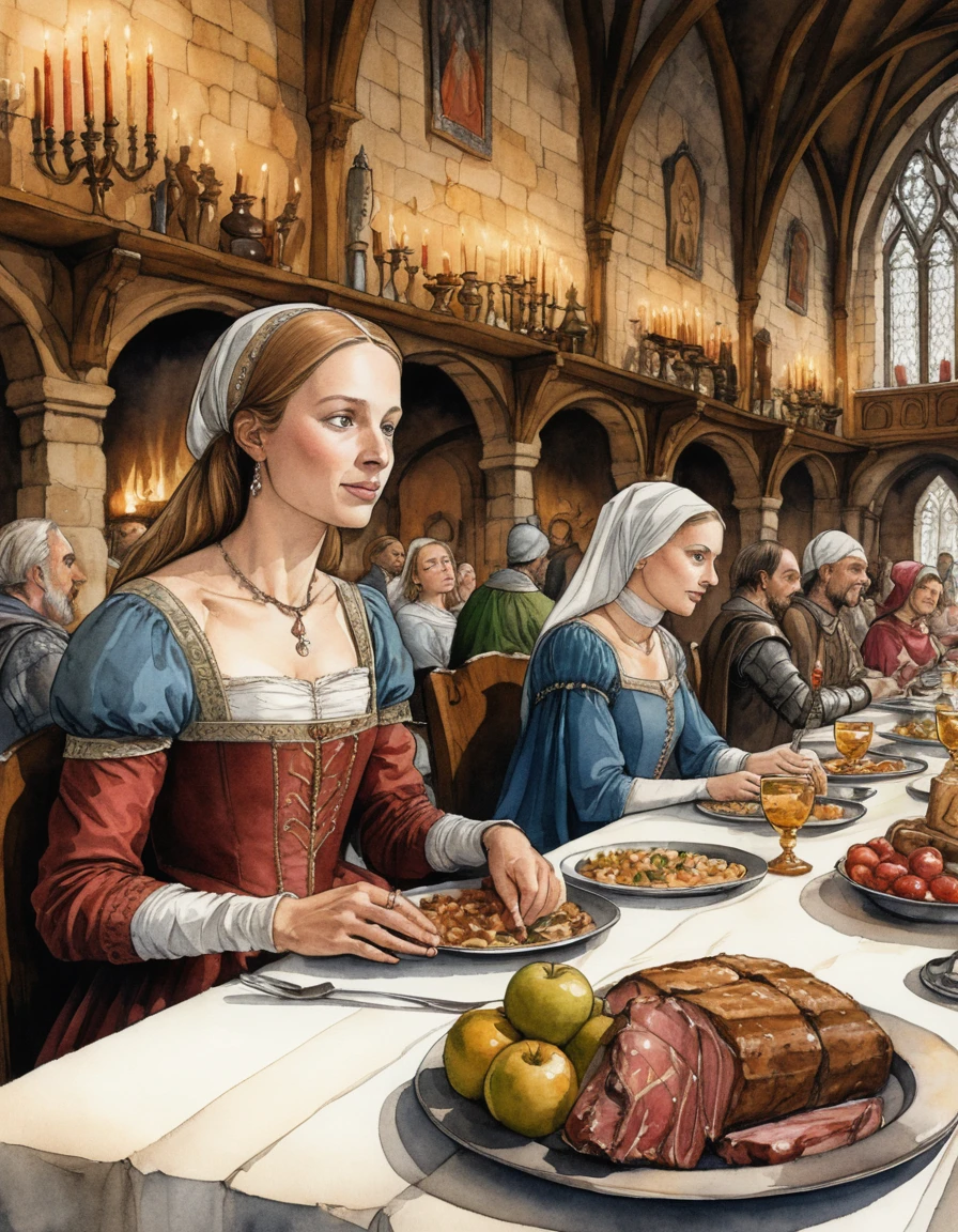 Uma nobre medieval banqueteia-se no salão de um castelo