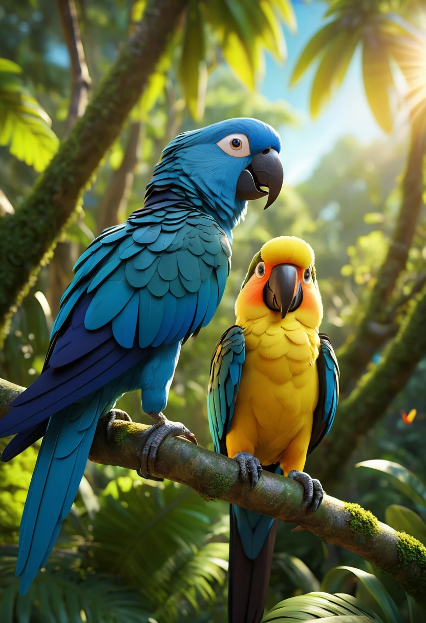 Dois papagaios tropicais pousados juntos num ramo de floresta iluminado pelo sol