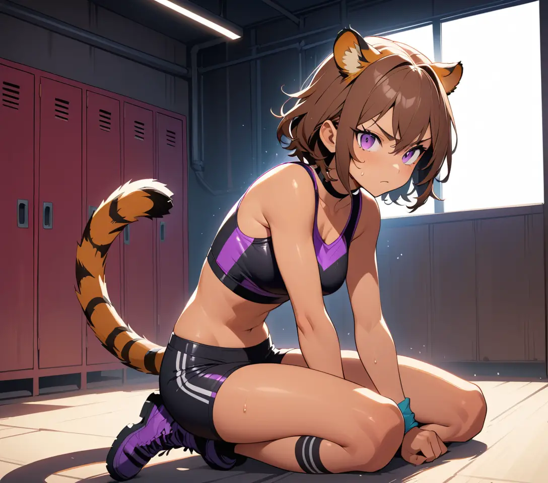 Adult tiger-eared woman rests on a bench in a dim locker room