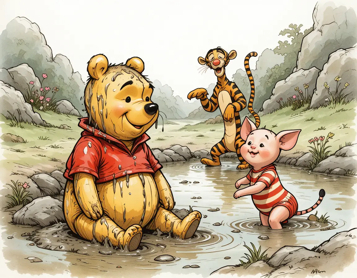 Winnie the Pooh and Friends Play in a Muddy Pool