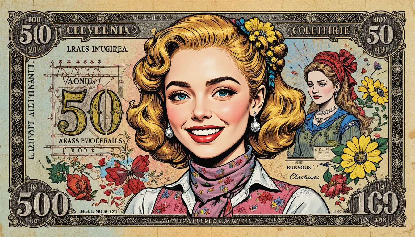 An ornate 500 euro banknote with a joyful portrait of a young woman