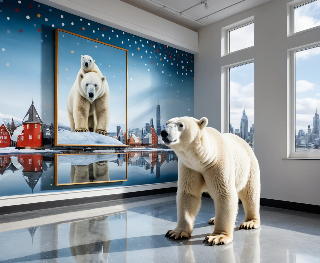 Um urso-polar fotografa um retrato emoldurado de um urso com um brinco de pérola