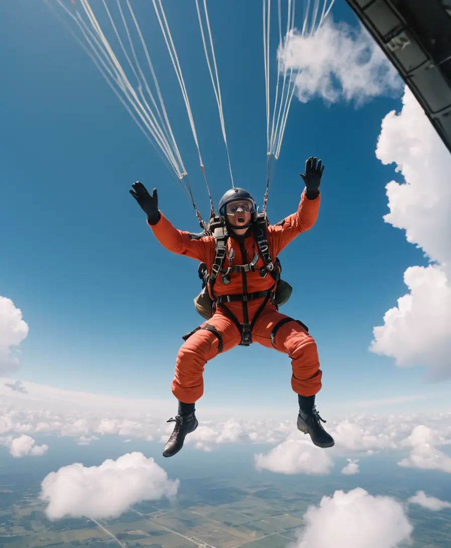 Paracaidista en caída libre bajo una aeronave frente a un cielo azul con nubes