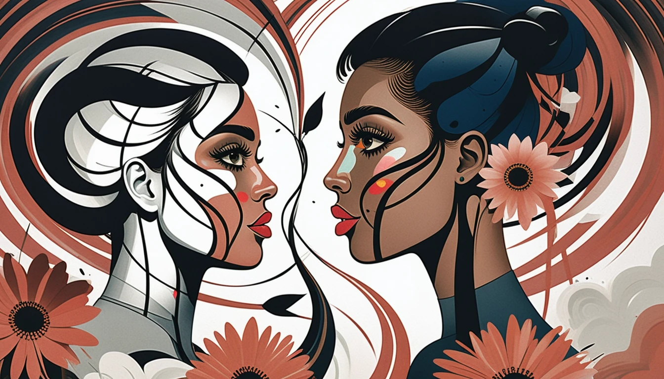 Ilustração surrealista satírica justapõe flores, um tornado e rostos de pessoas negras