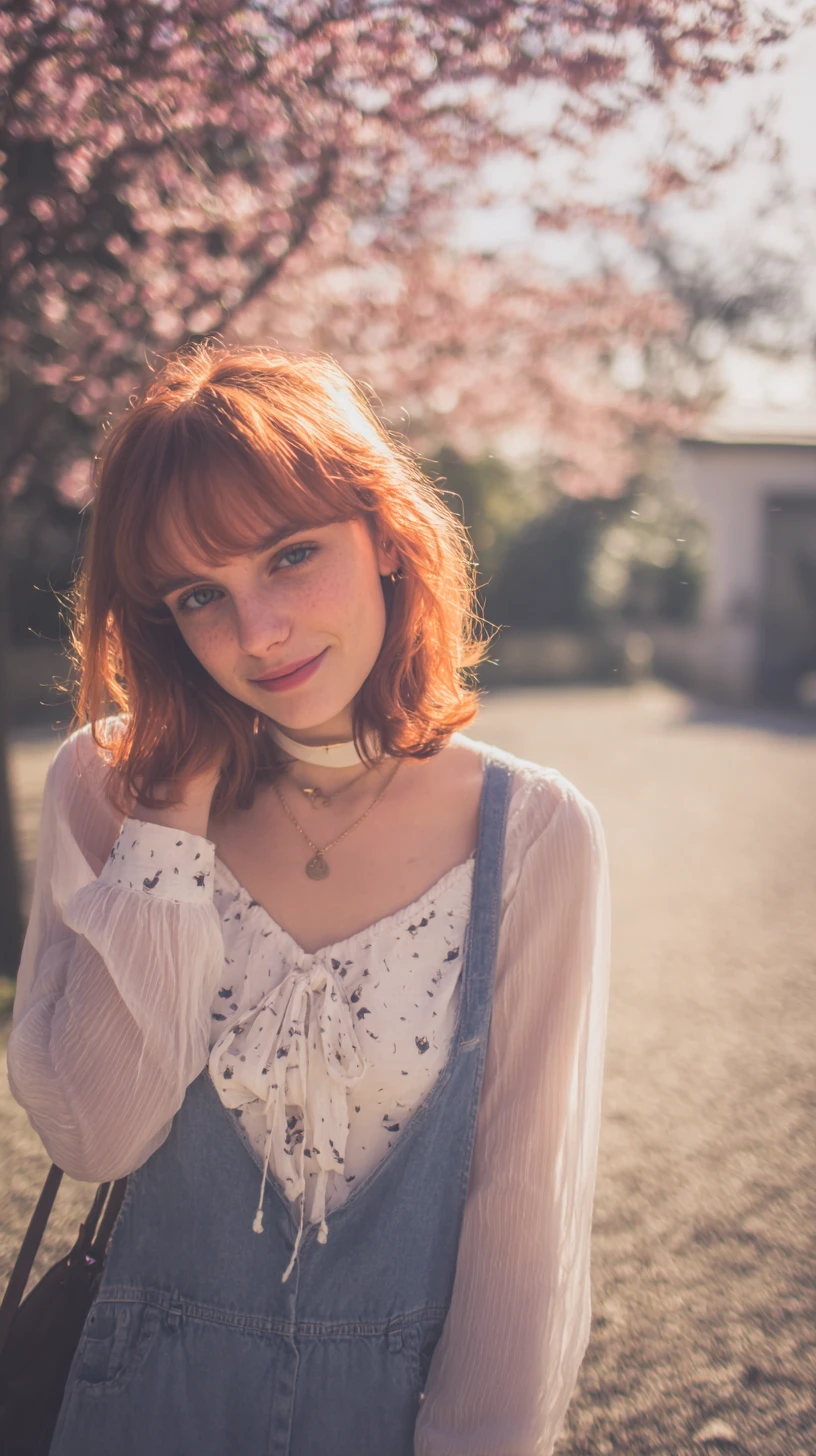 An Anime Inspired Girl Smiles Beneath Cherry Blossoms at a Japanese Shrine