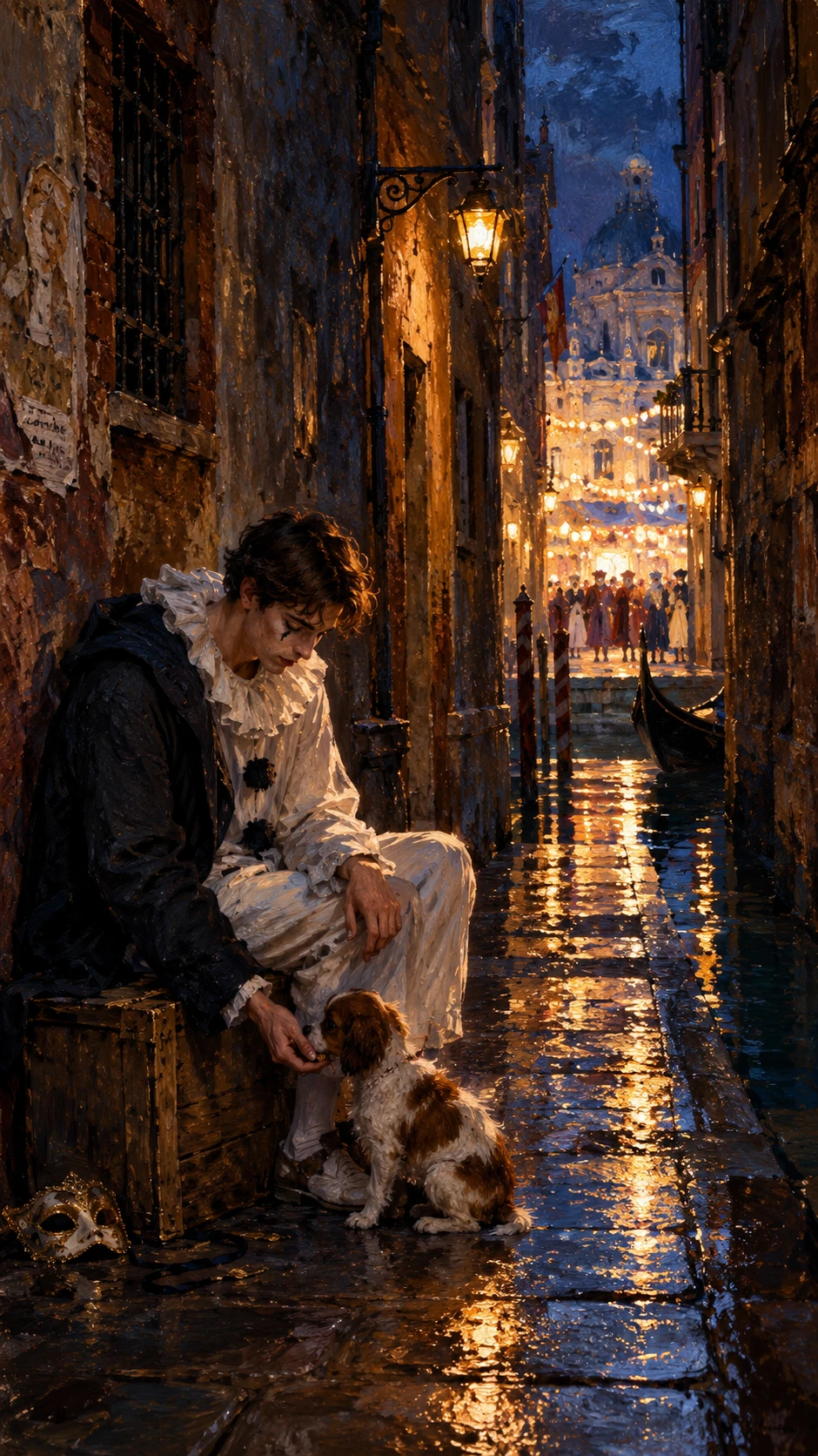 Un artista di Pierrot dà da mangiare a un cucciolo in un tranquillo vicolo veneziano