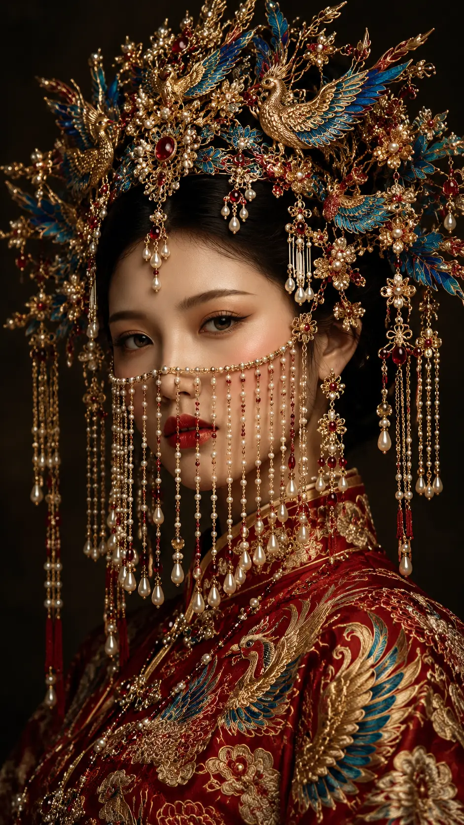 戴著中國鳳冠與珍珠面紗的新娘