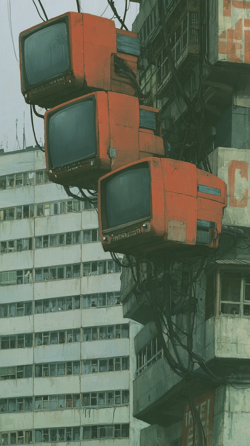 Massive screens loom over a brutalist city in a dystopian illustration