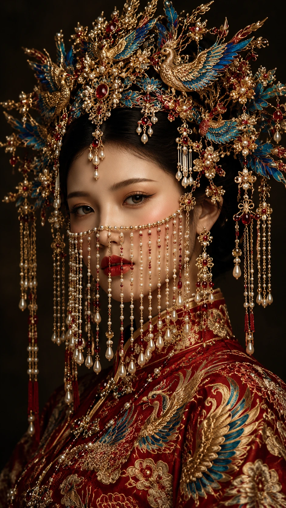 Uma noiva com uma coroa chinesa de fênix e um véu de pérolas sobre o rosto
