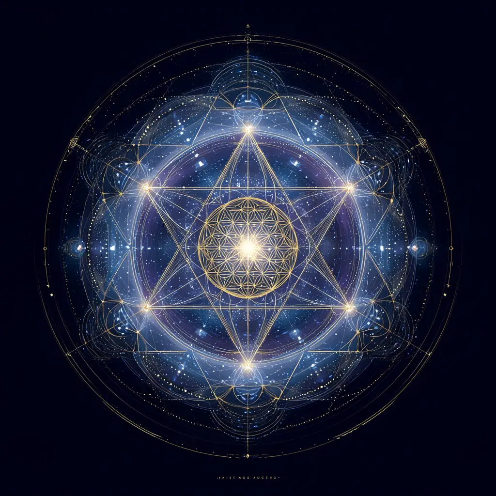 Luminous sacred geometry suspended across a midnight cosmic starfield