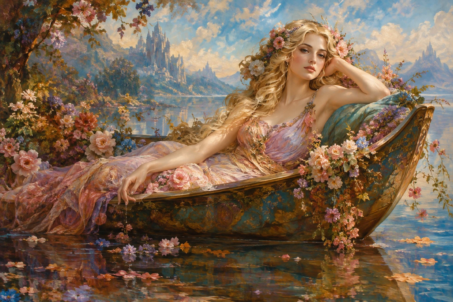 Uma mulher loira relaxa em um barco, cercada por uma tapeçaria floral colorida