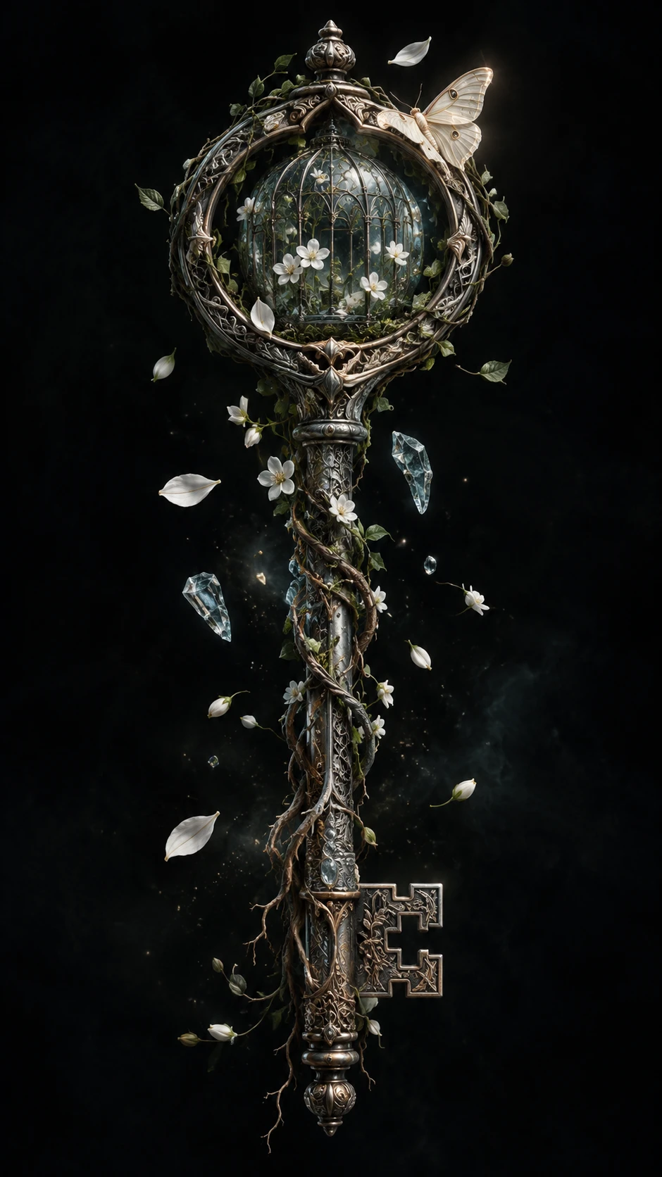 An Engraved Silver Key Holds a Tiny Greenhouse of White Flowers
