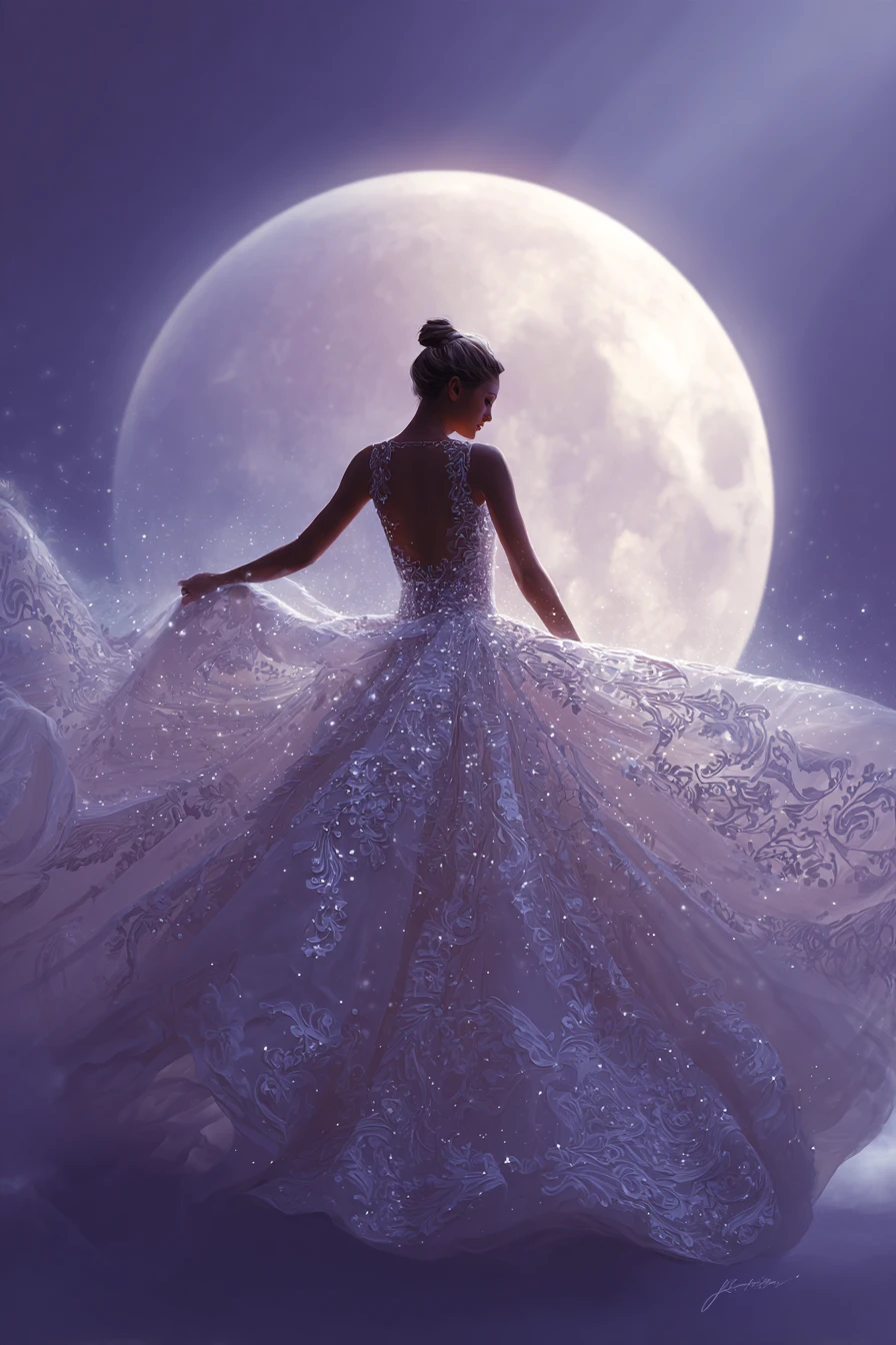 Une fille en robe étincelante devant une immense lune lumineuse