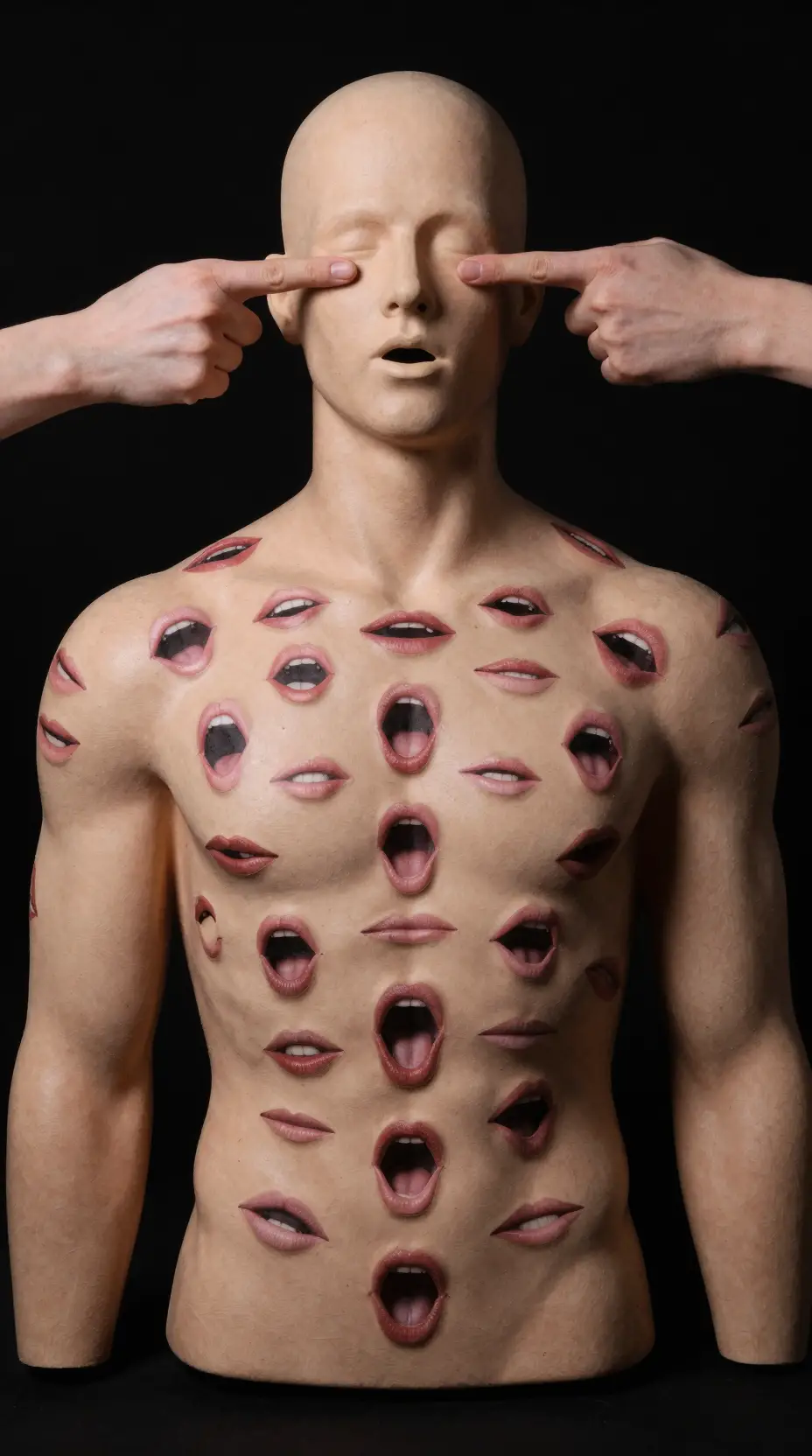 A Human Torso Sculpture Covered in Mouths Beneath Hands Gripping Its Head