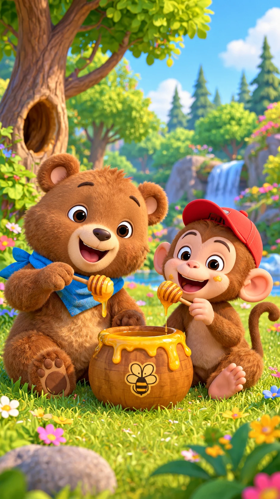 A Bear and Monkey Share Honey in a Colorful Cartoon Forest