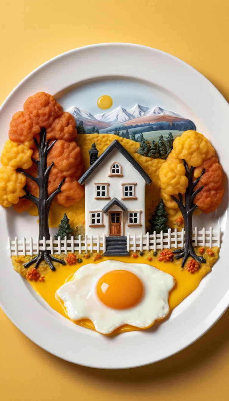 煎蛋的蛋黃上浮現一幅微型秋日風景