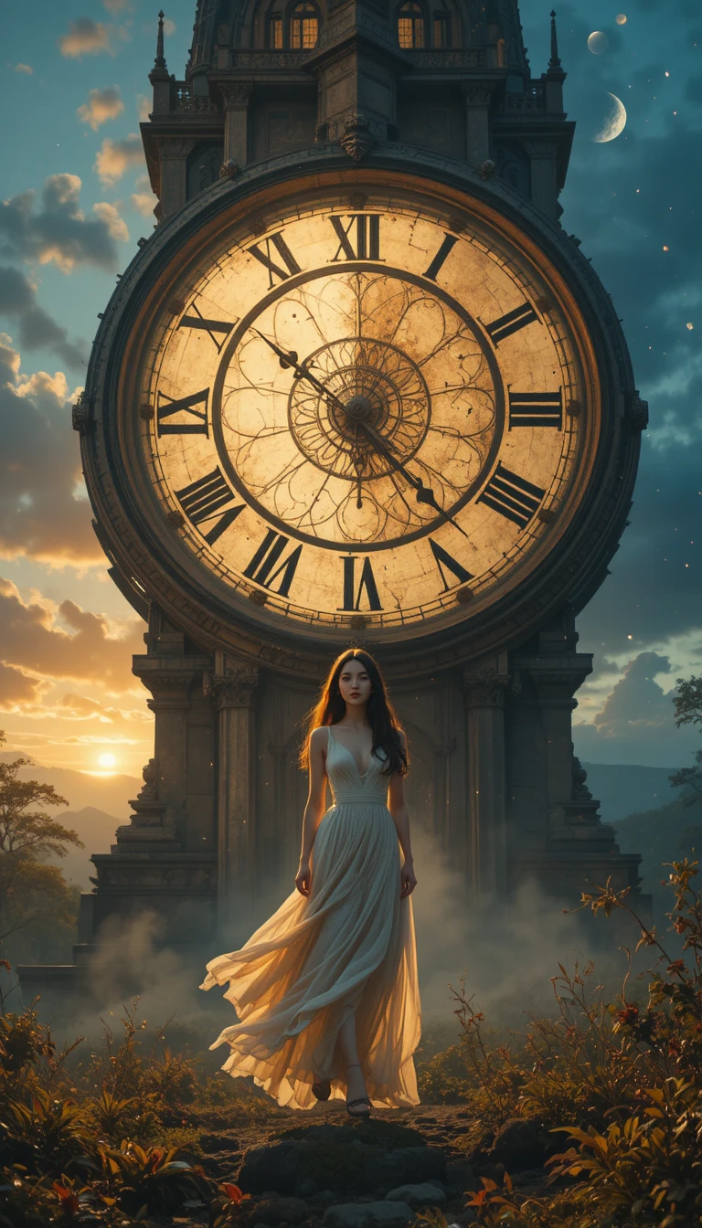 Une femme de style anime se tient devant une ancienne horloge figée dans le temps