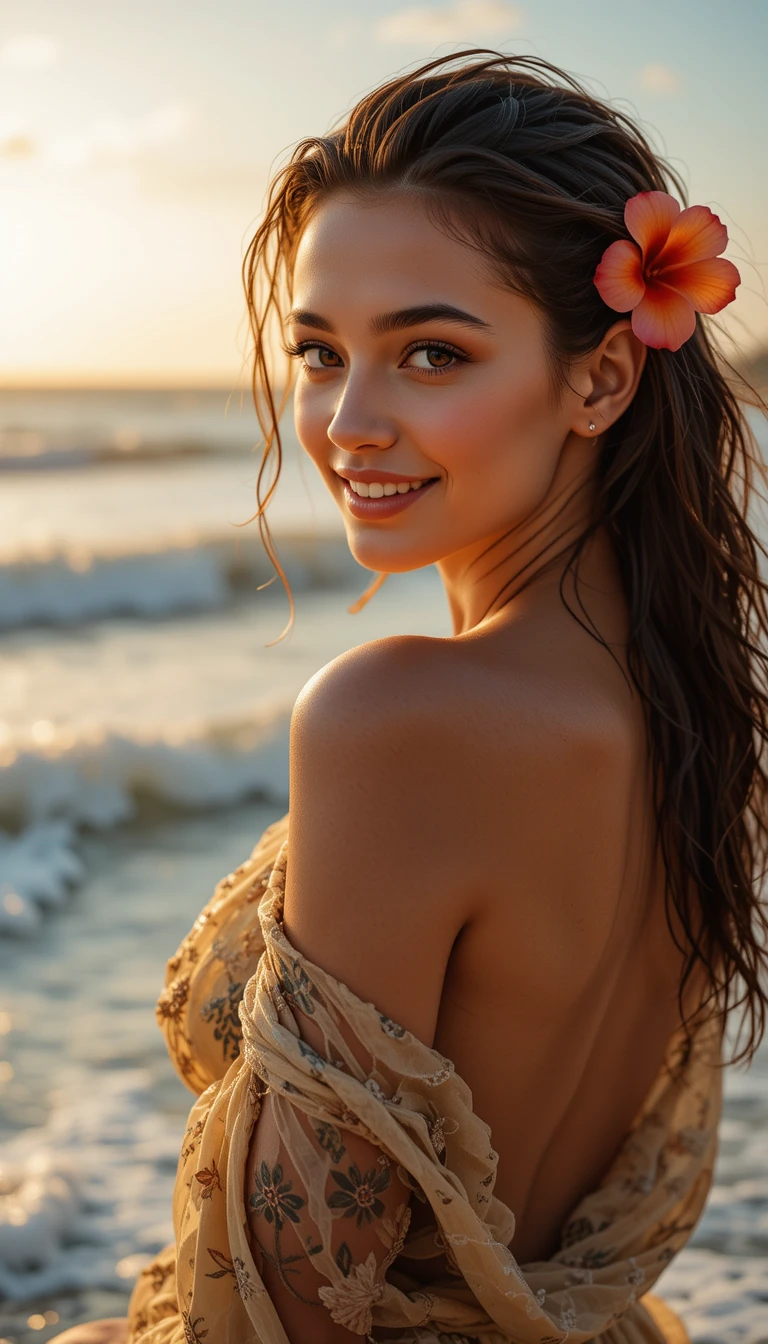 Uma mulher à beira-mar, com uma saída de praia translúcida, na hora dourada