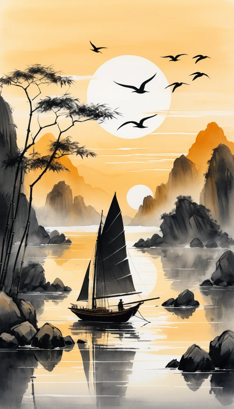 Veleiro ao pôr do sol entre rochas e bambu em estilo de pintura chinesa a tinta