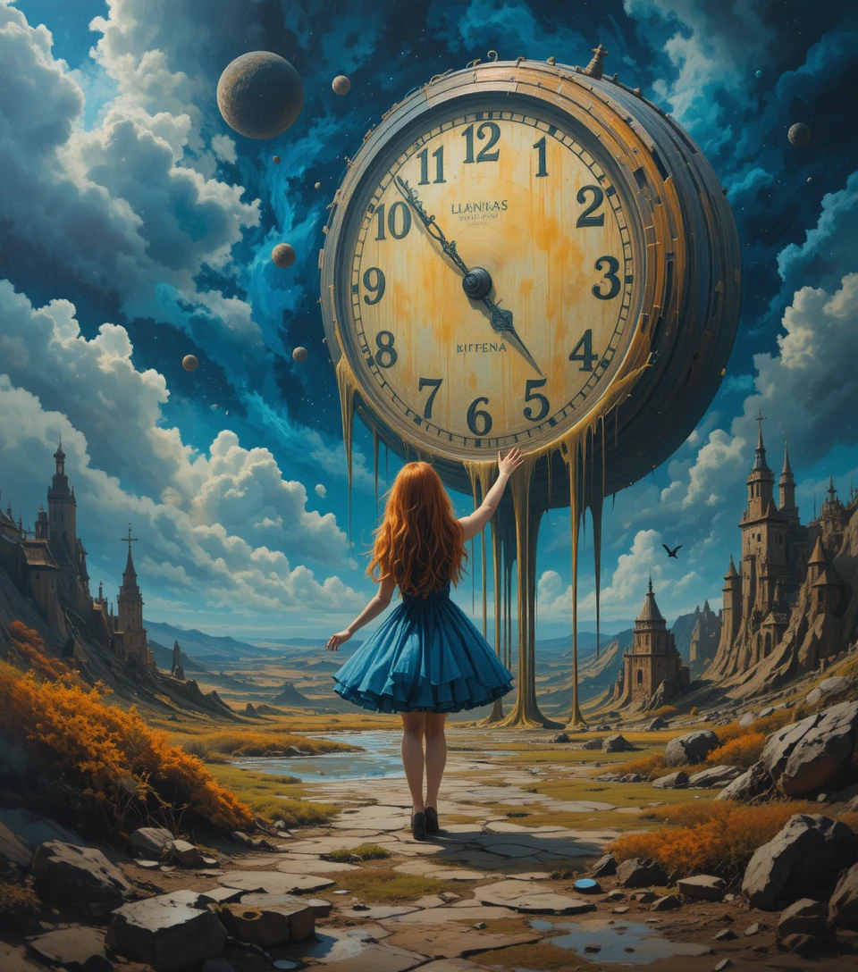 A young girl reaches toward a distorted melting clock