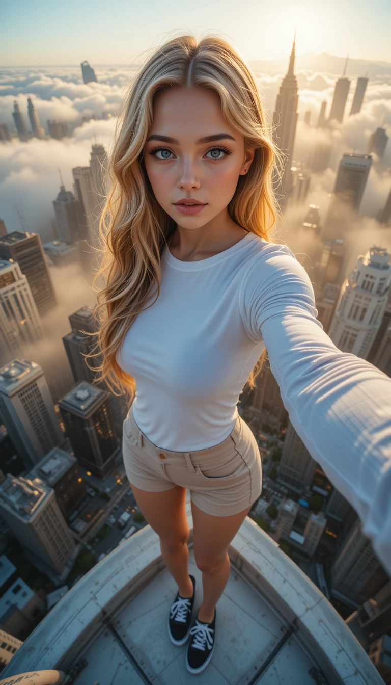 Una donna si scatta un selfie su un tetto sopra una città avvolta dalle nuvole all'alba