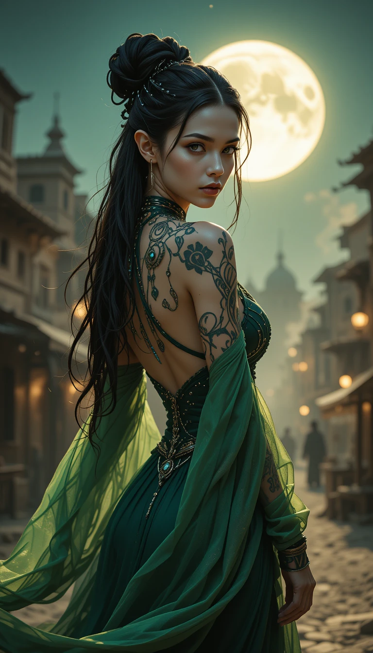 An enigmatic elf woman turns toward the viewer beneath moonlight