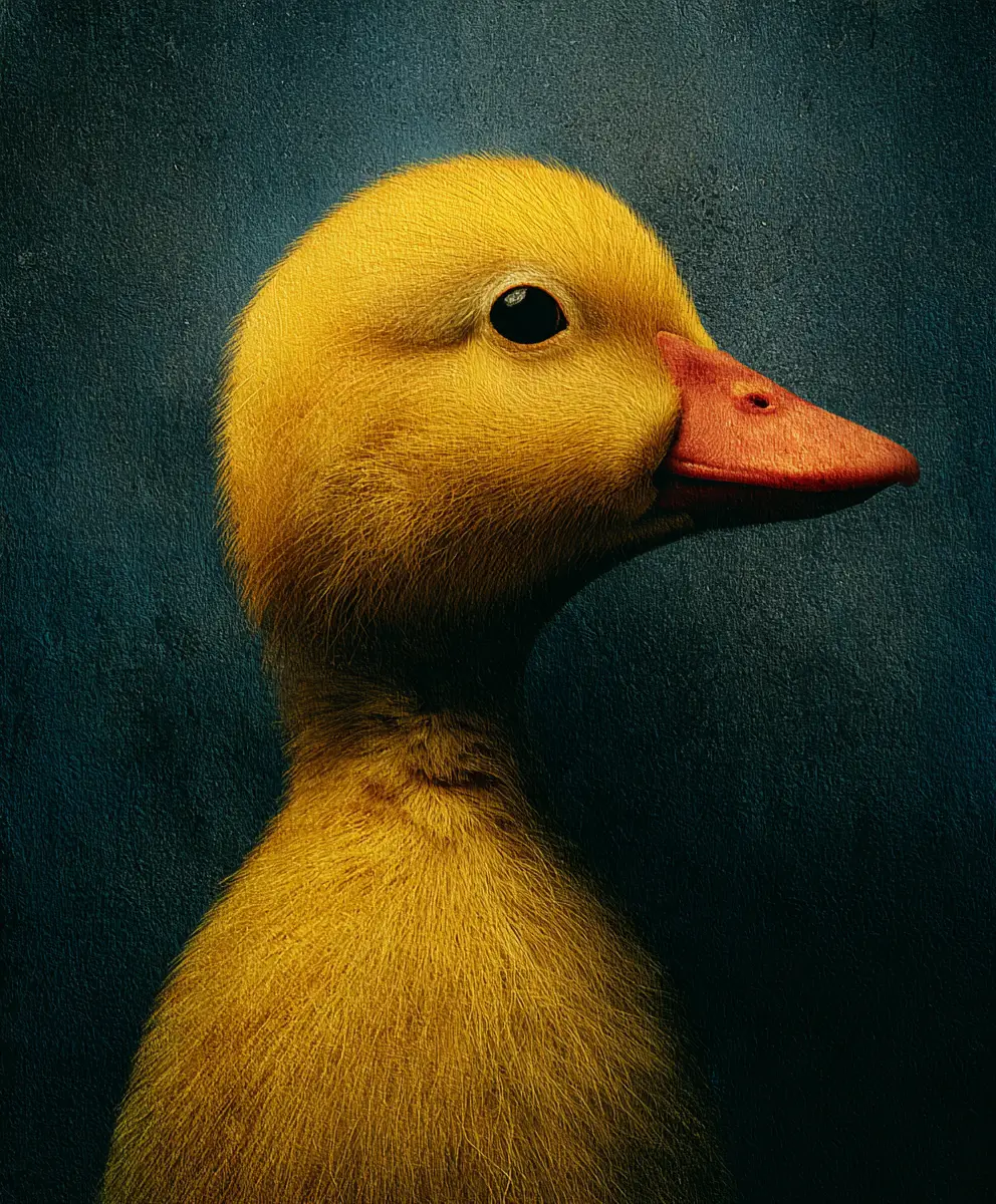 Um pequeno pato de plástico amarelo com bico e pés cor de laranja