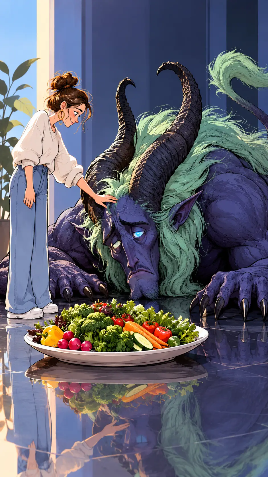 女性のそばで野菜の皿を拒む従順な悪魔