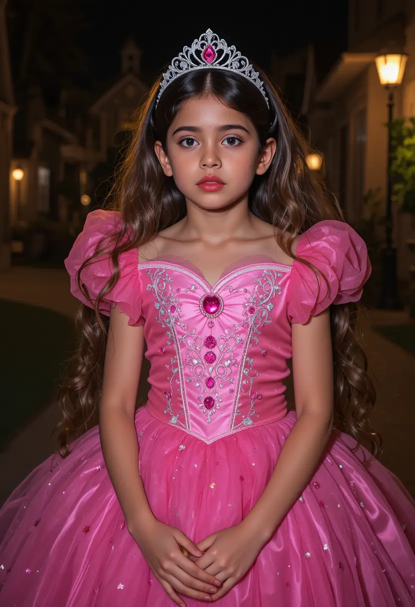A nervous boy wears a princess dress for Halloween outdoors at night