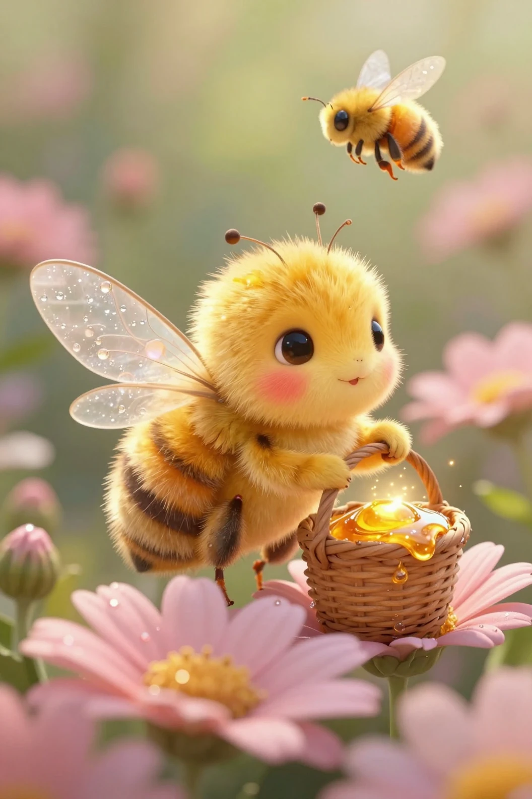 A cartoon bee holds a honey basket beside a dewy pink daisy