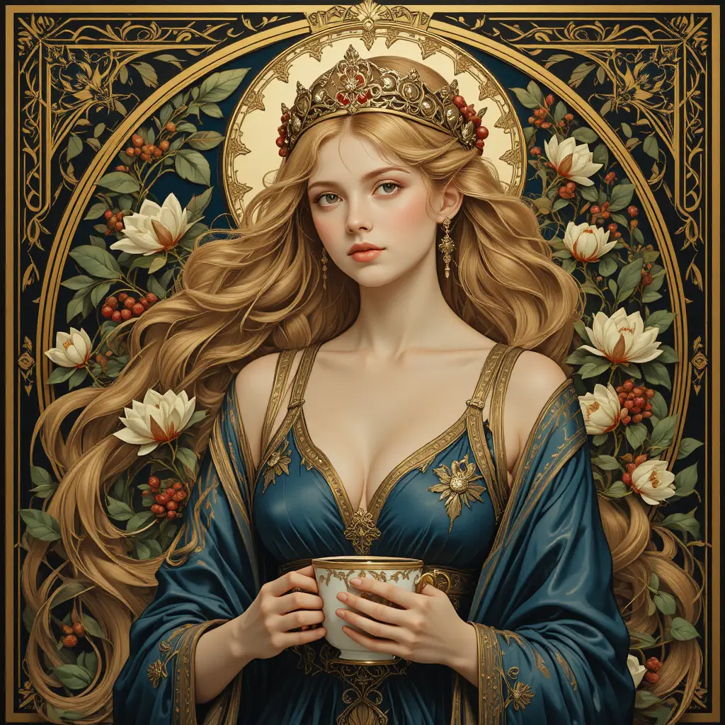 A coffee goddess holds a porcelain cup among flowering coffee branches