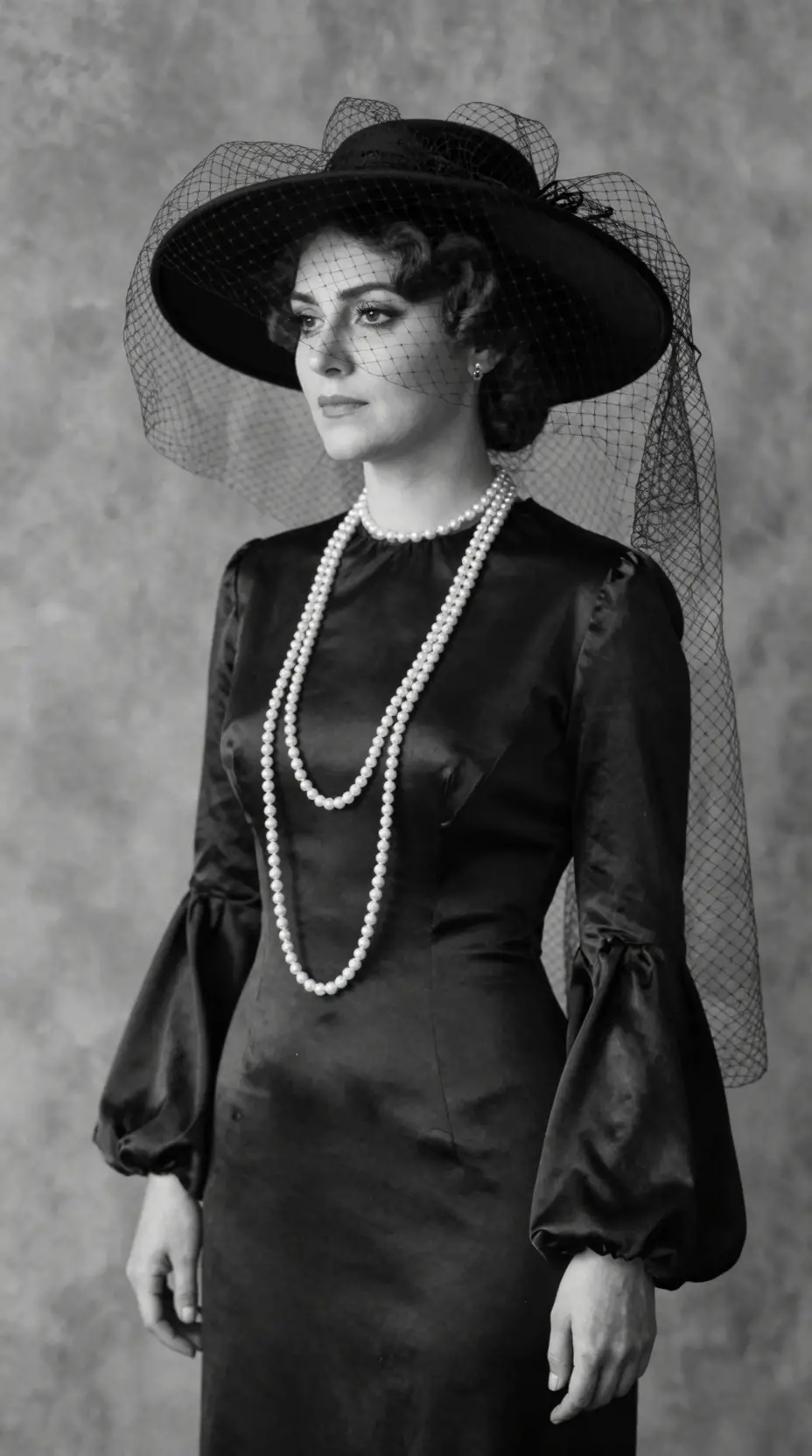 A monochrome portrait of a woman in pearls and veil
