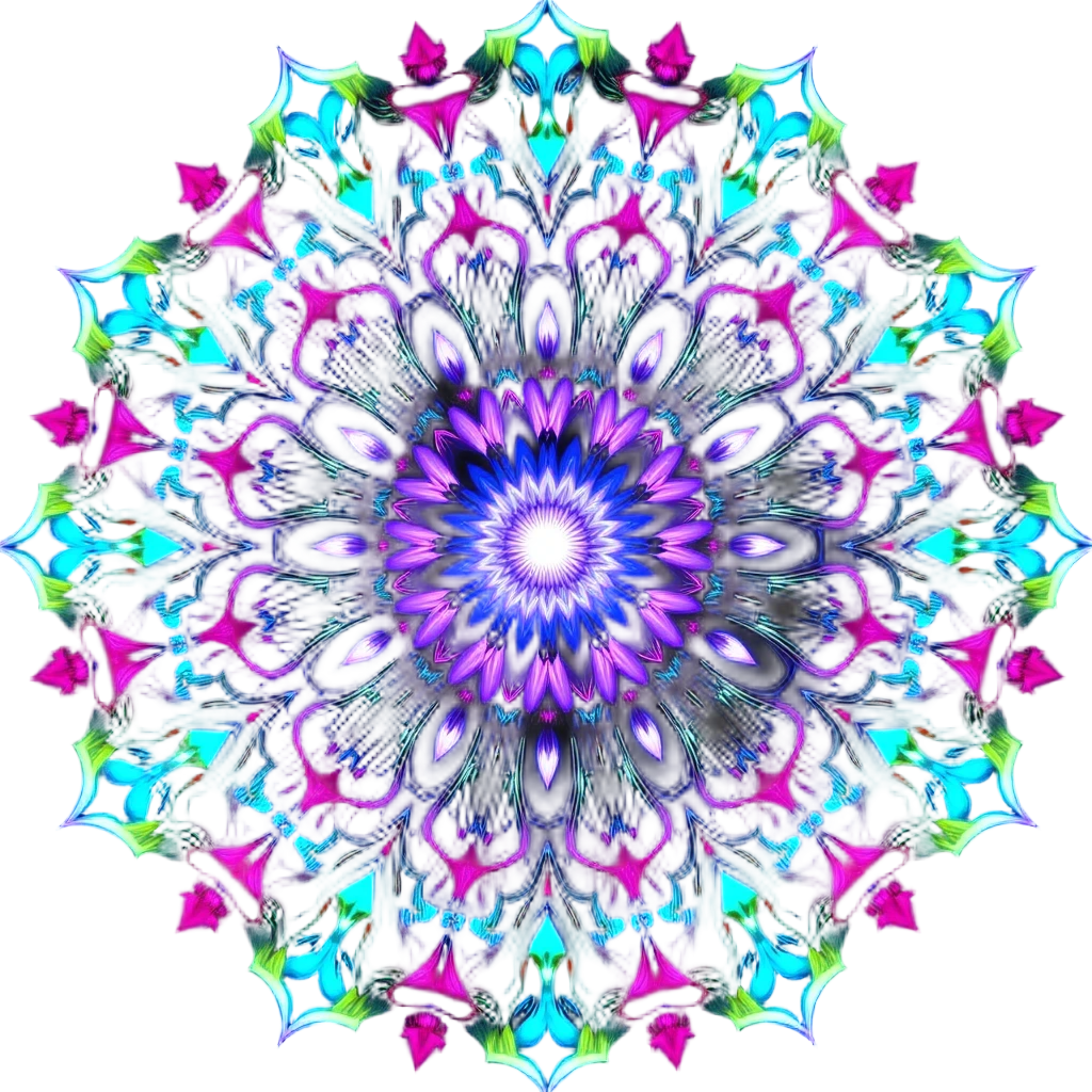 Radiant geometric mandala with neon colors on a deep black background
