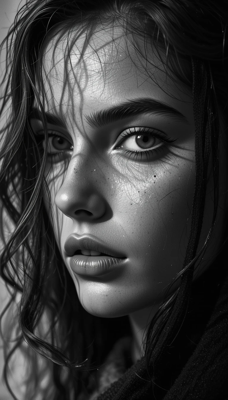 La intensa mirada de una mujer con velo en un retrato dramático en blanco y negro