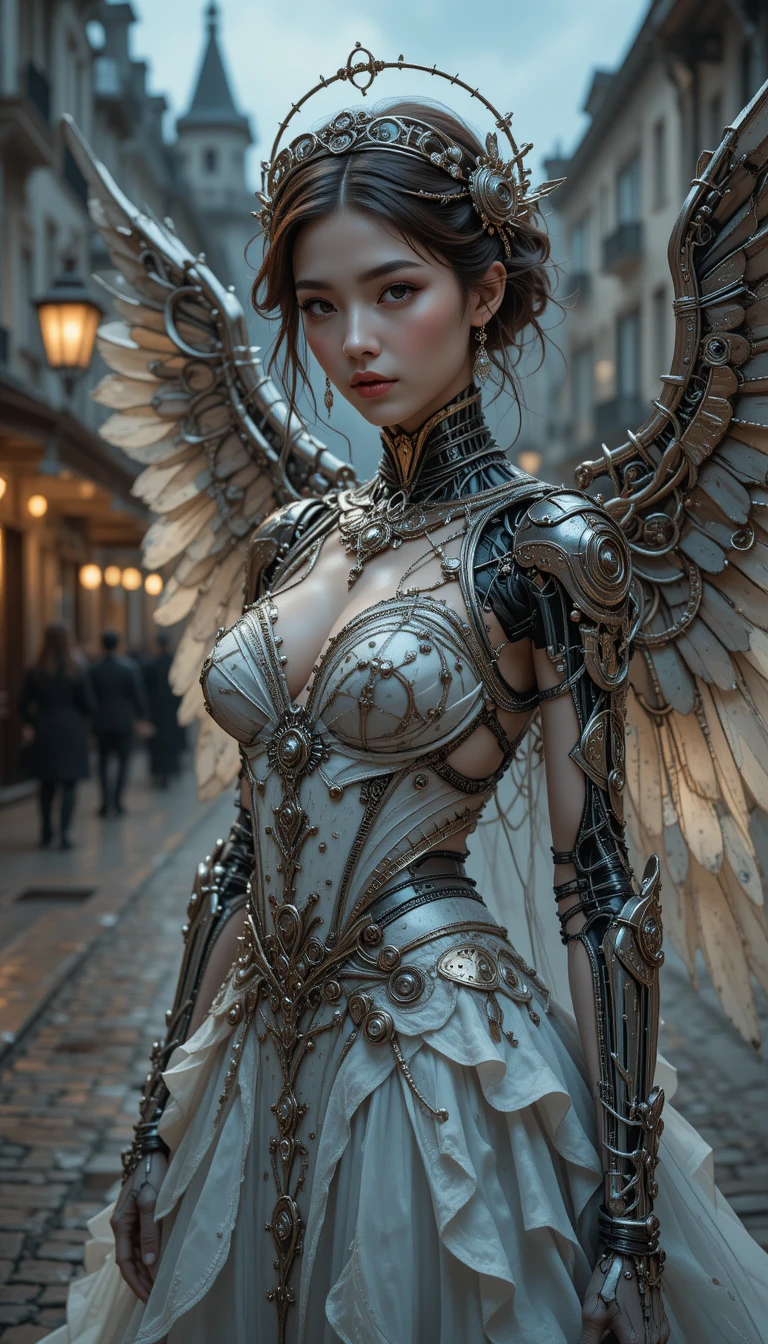 Un angelo cibernetico steampunk con un abito da sposa vittoriano