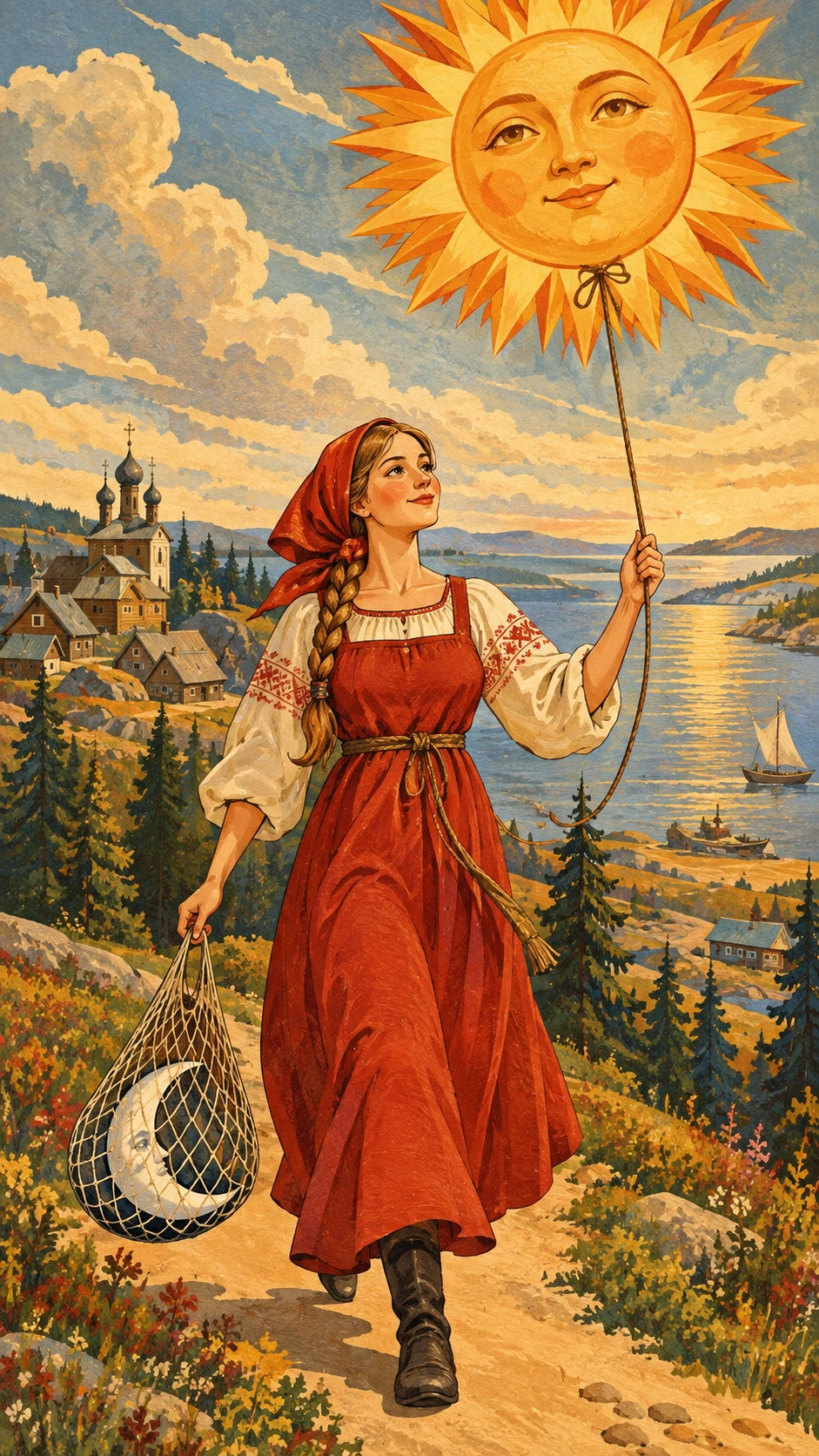 Uma mulher caminha por uma estrada com o sol e a lua num saco de rede