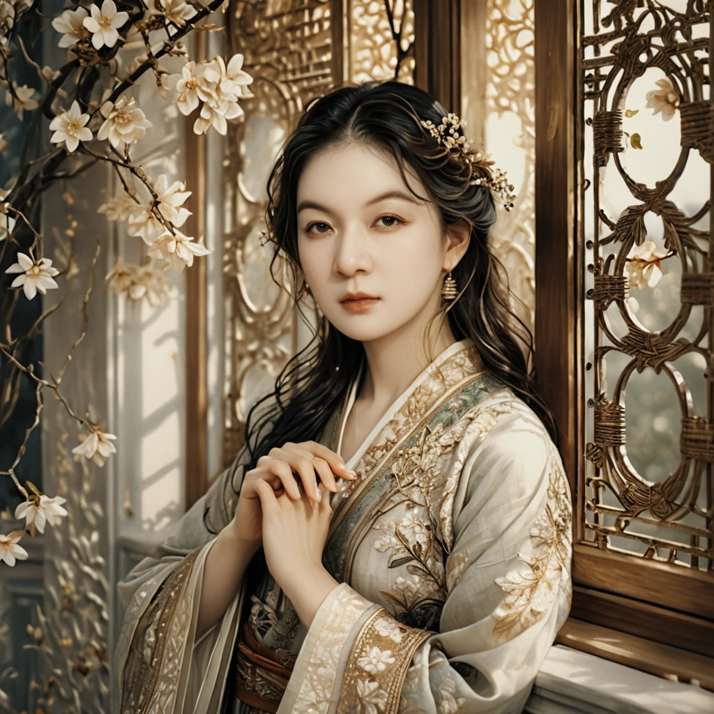 Una mujer vestida de hanfu se apoya junto a una antigua ventana de celosía