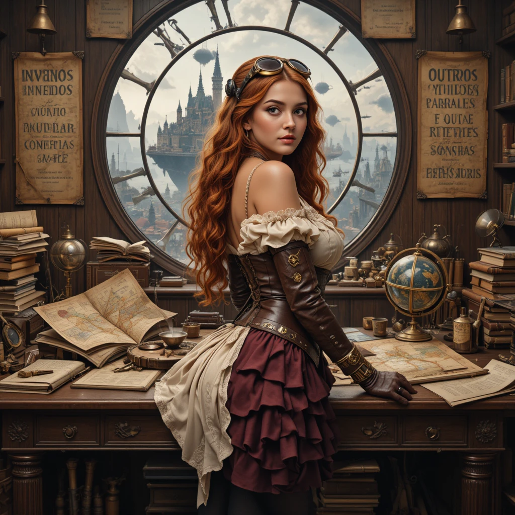 Uma mulher steampunk se inclina sobre uma mesa desordenada com uma xícara de chá de latão