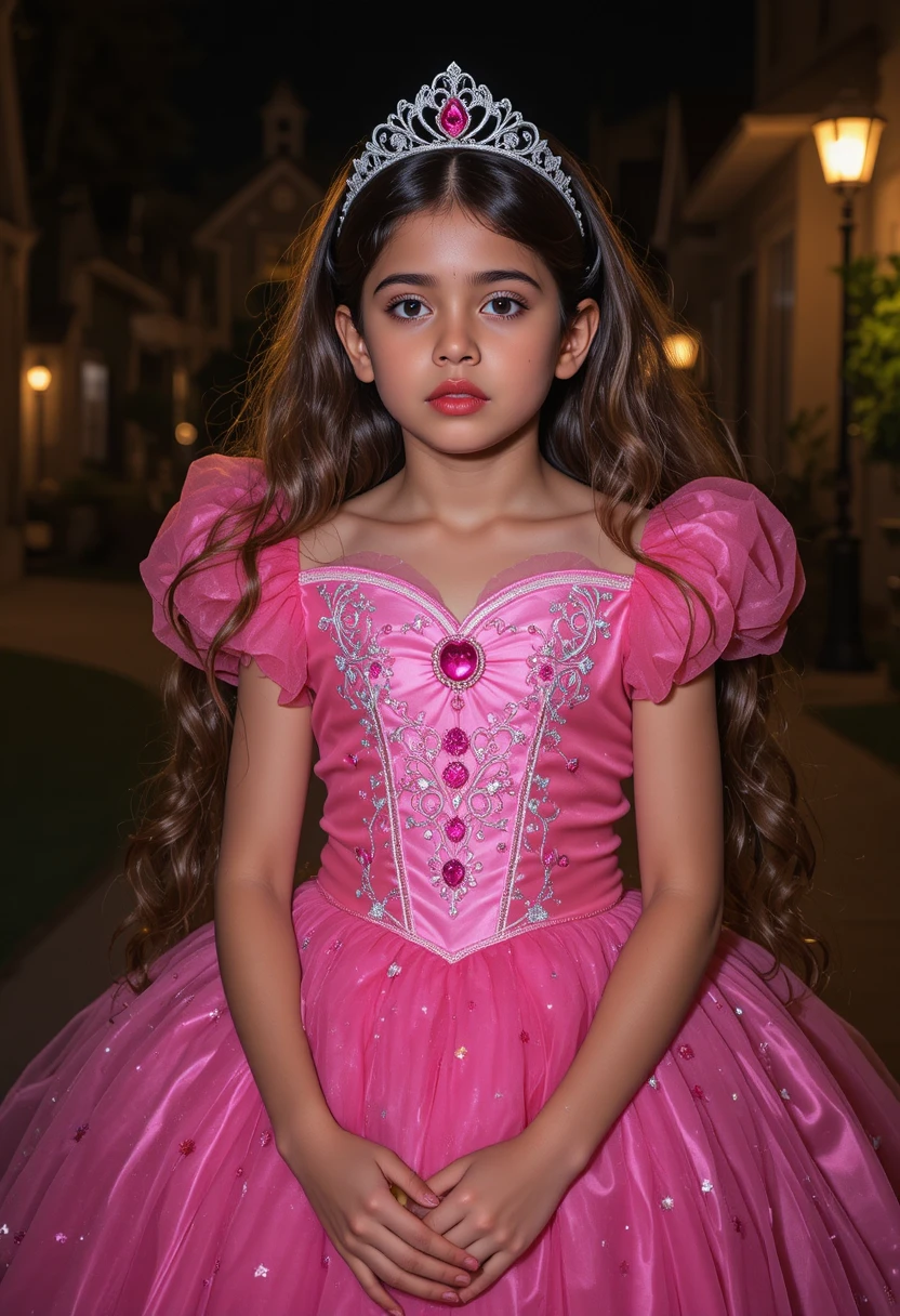 Ein nervöser Junge trägt nachts im Freien zu Halloween ein Prinzessinnenkleid