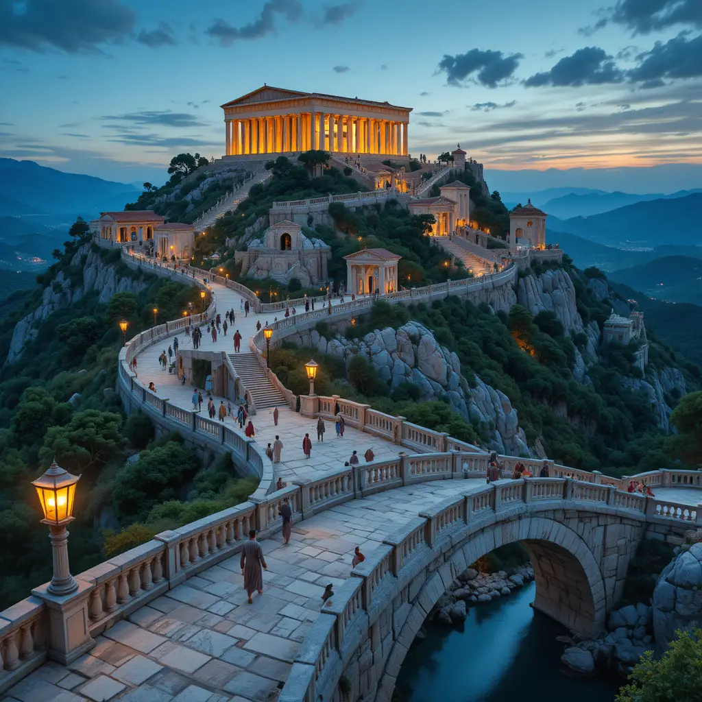 Un complesso di templi dell'antica Grecia lungo un sentiero di montagna al crepuscolo