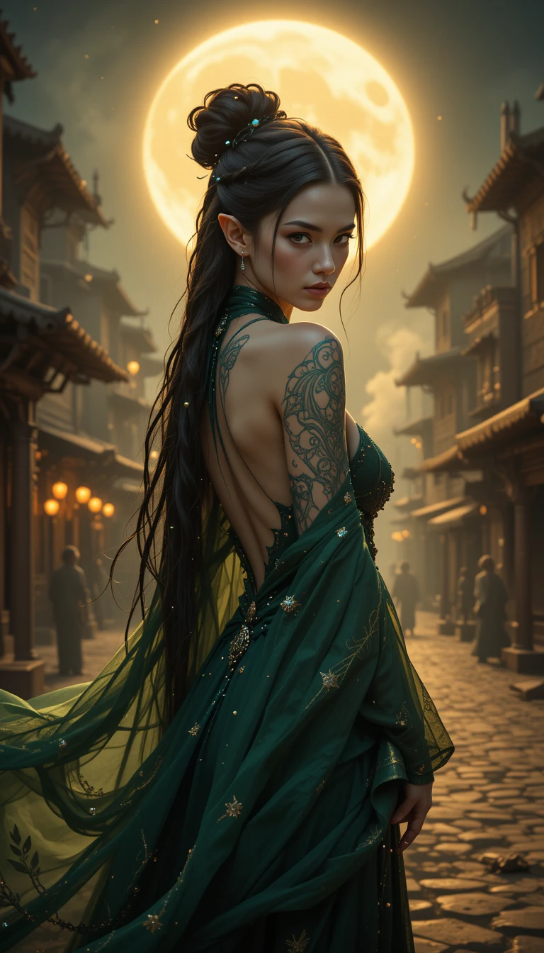 A fantasy elf woman looks back across a moonlit desert town