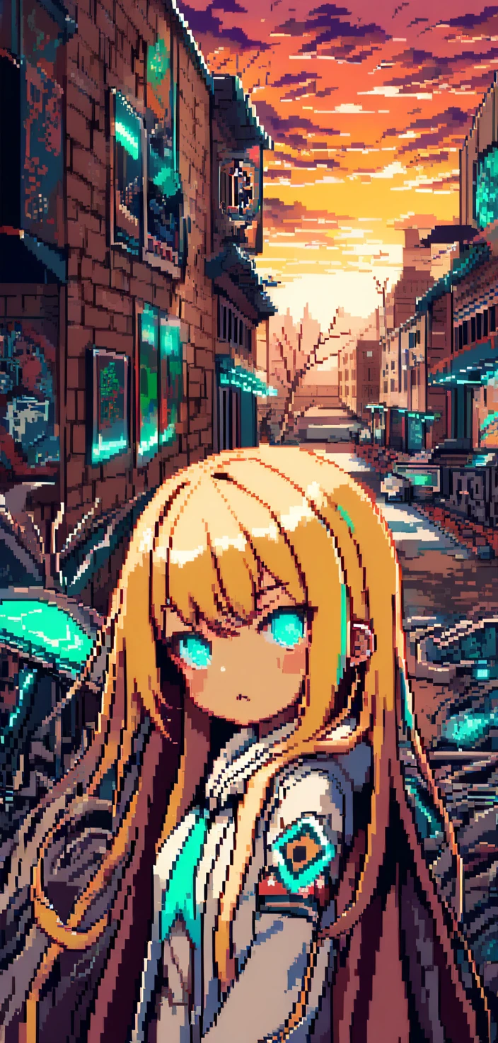 Uma garota em pixel art passa por árvores mortas e muros de tijolo ao pôr do sol